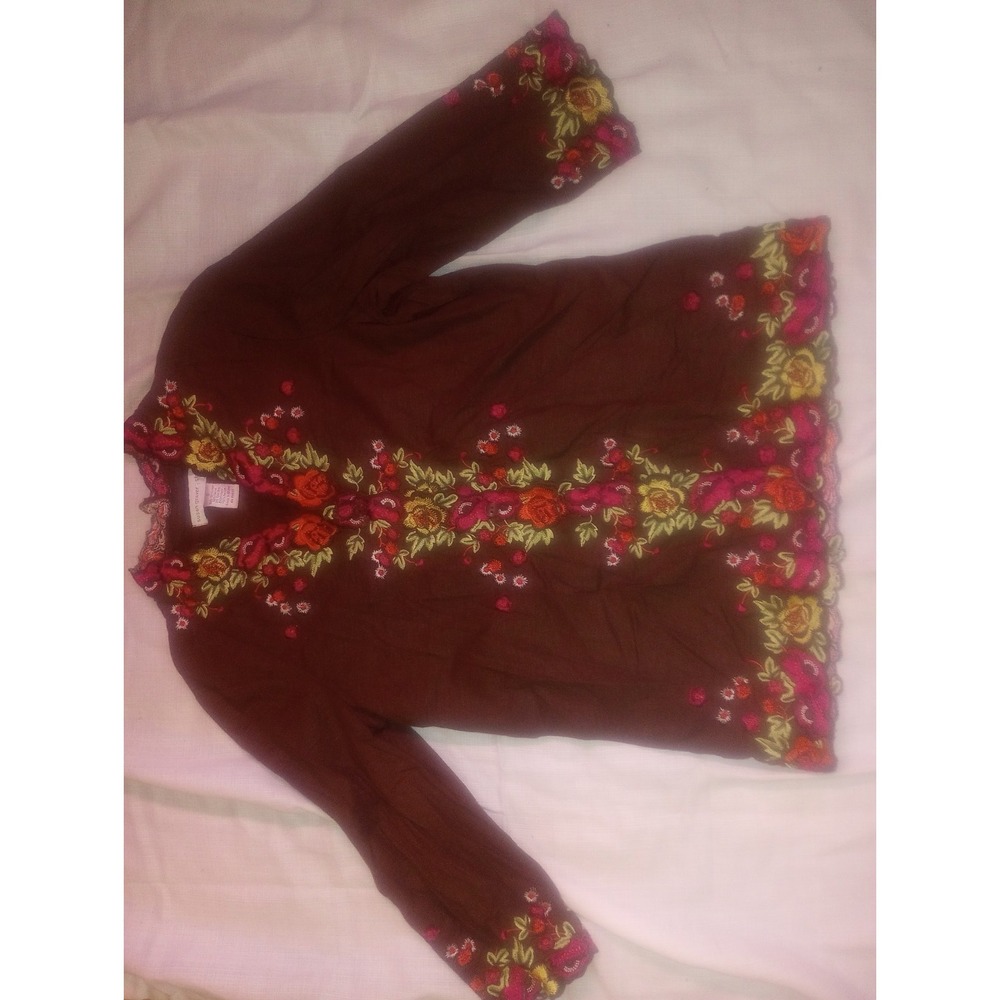 Susan Graver Style Embroidered Floral Blouse Small Linen Blend